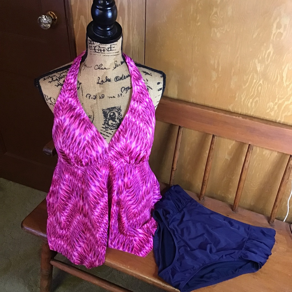 Swimsuits For All Pink Purple Halter Tankini Top Size 16 & Blue High Waisted Bot